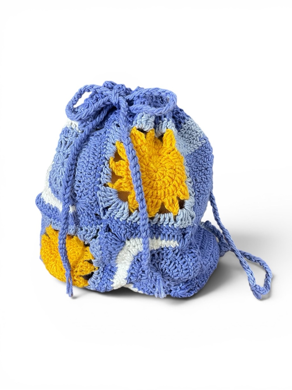 Hand-Crocheted Drawstring Bag Yellow Sun and Moon Blue Crochet‎ Knit Back Pack